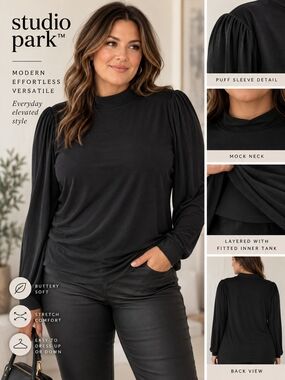Studio Park XL Black Modal Mock Neck Puff Sleeve Layered Top